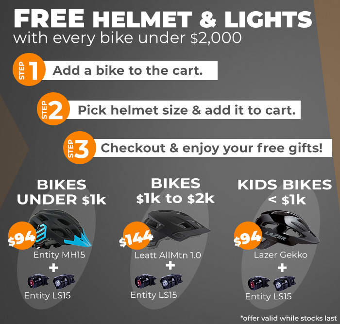 Free Helmet & Lights with bikes under $2,000